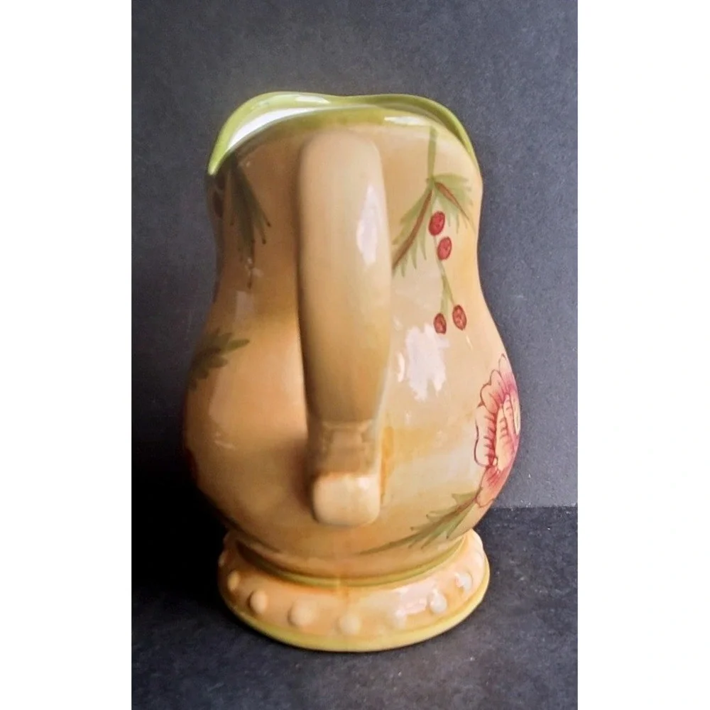 Hand Painted Floral Ceramic Pitcher Yellow Pink Flower Scalloped Rim 6.5 Inch
